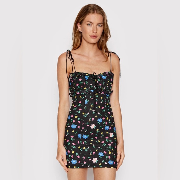 For Love And Lemons Dresses & Skirts - NWT For Love and Lemons Robin Mini Dress Floral Tie Straps Linen Black Frilly
